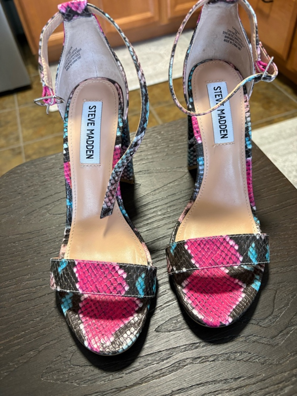 Steve Madden Pink Snakeskin Ankle-Strap Heels with Turquoise Accents
